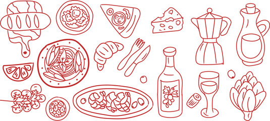 Hand drawn Italian food icon doodle vector set featuring pizza, pasta, herbs, desserts, and drinks. Perfect for menus, packaging, and social posts. Hand-drawn, fun, modern, and foodie-themed elements.