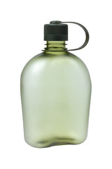 Green plastic canteen isolated on white background for camping and hiking.