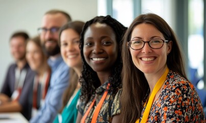 Diverse and inclusive group of office colleagues smiling at a team-building workshop event. This image promotes workplace race inclusion and diversity in a supportive environment, Generative AI