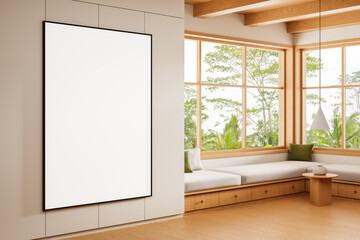 Blank poster mockup on clean wall in modern wooden interior with natural light and cozy seating...