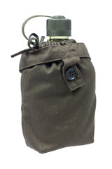 Military canteen in a green fabric case with button closure.