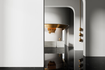 Modern minimalist interior with empty white wall and golden elements for branding or poster mockup...