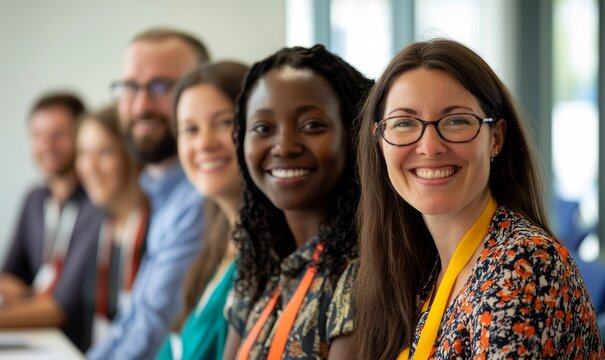 Diverse and inclusive group of office colleagues smiling at a team-building workshop event. This image promotes workplace race inclusion and diversity in a supportive environment, Generative AI