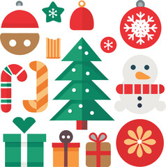 A festive collection of flat design christmas icons featuring a snowman tree gifts and ornaments