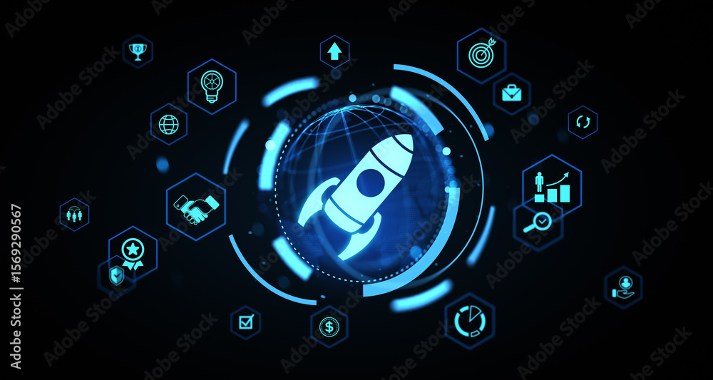 Poster futuristic startup launch concept with rocket icon and digital business symbols surrounding glowing 