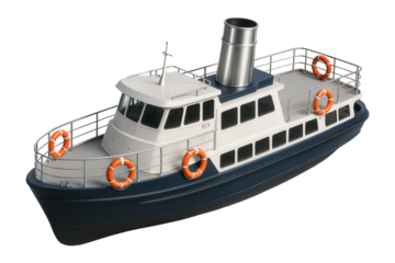 Steel-hulled passenger ferry with prominent smokestack and lifebuoys on the rails
