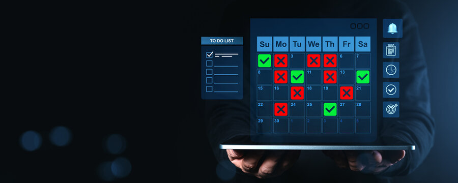 Digital calendar with marked tasks and to-do list on holographic screen held by person, productivity and planning concept on dark background.