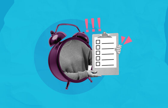 Surreal concept of time management featuring a person merged with alarm clock holding checklist clipboard on vibrant blue background with exclamation marks.