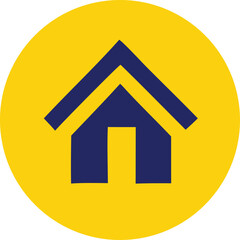 A minimalist blue house icon with a doorway is prominently displayed within a vibrant yellow circular background