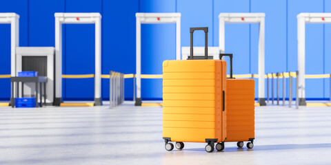 Two modern orange suitcases at airport security checkpoint with blue background, representing...