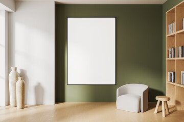 Blank poster mockup in modern interior with green wall, armchair, wooden shelves, and decorative vases for clean presentation template concept. 3D Rendering