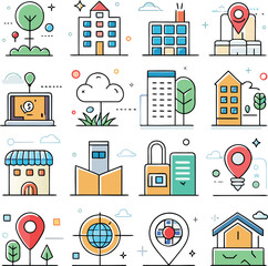 Modern flat icon set featuring buildings trees location pins and technology elements for urban and business concepts