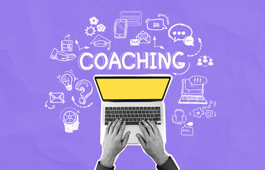 Laptop with hands typing and coaching concept icons around on purple background, representing...