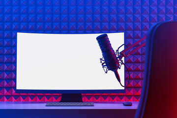 Modern podcast setup with blank monitor screen and microphone in illuminated acoustic studio room, perfect for product display or branding mockup design. 3D Rendering