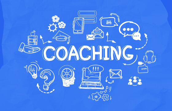 Coaching concept with hand-drawn educational and communication icons on blue background representing mentoring, development, and learning process.