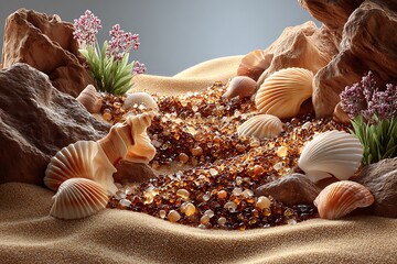 Crystal and seashells forming beach art high resolution picture