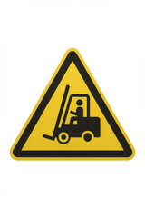 Yellow triangular warning sign showing forklift truck on transparent background