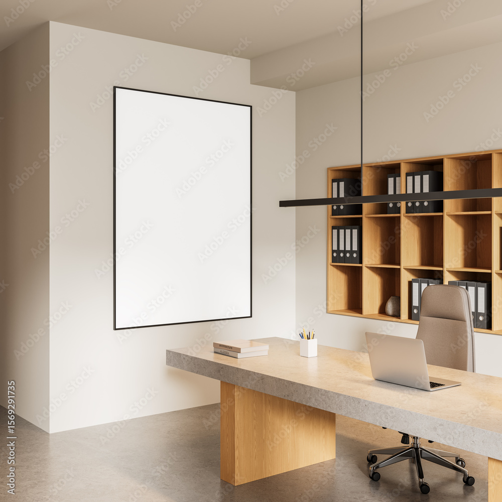 Fototapete vertical blank poster mockup on modern clean office wall with minimal desk and shelving unit in warm