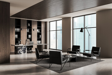 Modern executive office interior with minimalist furniture and skyline view through large windows,...