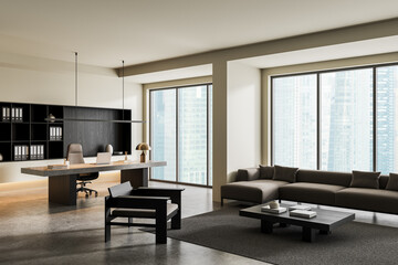 Modern executive office interior with minimalist design and lounge area featuring large windows and...