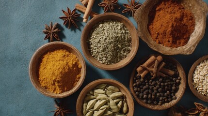 Assortment of aromatic spices and herbs in rustic wooden bowls, top view
