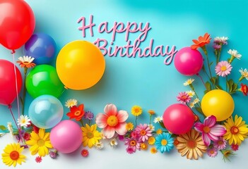 Vibrant balloons and colorful flowers arranged on a birthday card background,  party,  decoration