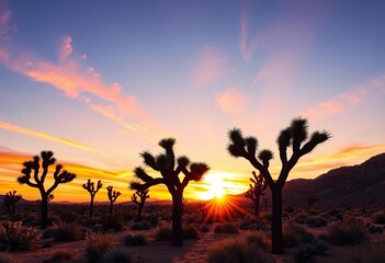 Fototapeta premium Vibrant sunrise paints the Joshua Trees silhouettes in fiery hues, casting long shadows across the desert landscape, ecology, nature