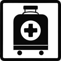 Iconographic representation of a medical suitcase with a prominent red cross symbol on a white circular background within a black square frame