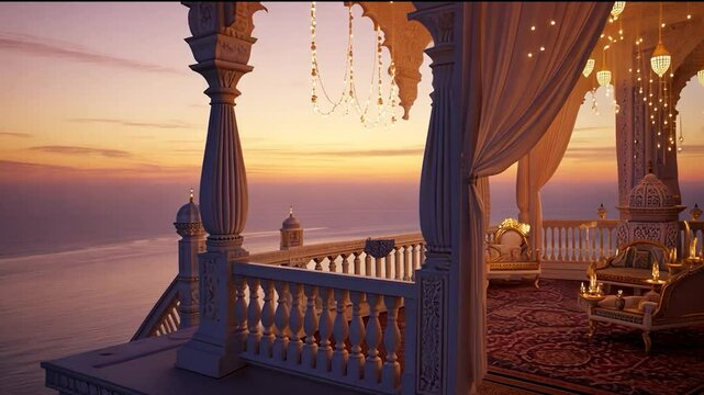 Ornate balcony overlooking a sunset sea