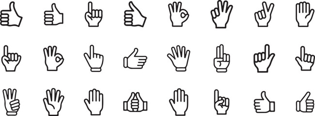 Collection of hand gestures and icons silhouette isolated on white background