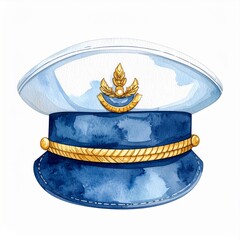 Watercolor Navy Blue Military Cap with Gold Braid