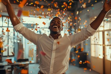 Happy candid young Black business man dancing under confetti at an office party celebrating success and company goals, with an emphasis on workplace achievement and positive energy, Generative AI