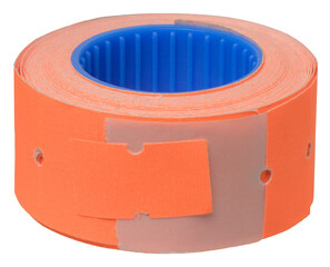 A roll of orange self-adhesive price tags or perforated labels wound on a blue plastic core.