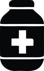 Obraz premium Simple black and white icon of a medicine bottle with a prominent white cross symbol on its side representing health and wellness
