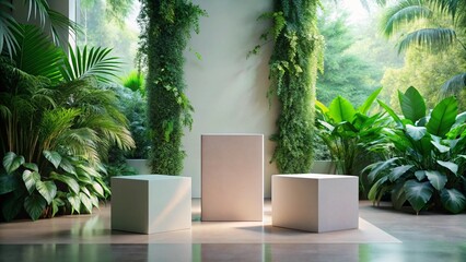 Minimalist Display Pedestals in Indoor Greenery Setup