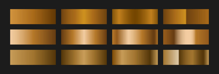 Elegant copper gradient swatches collection. Metallic textures with polished foil shine and satin smooth. Glossy palette for vintage and luxury designs and branding