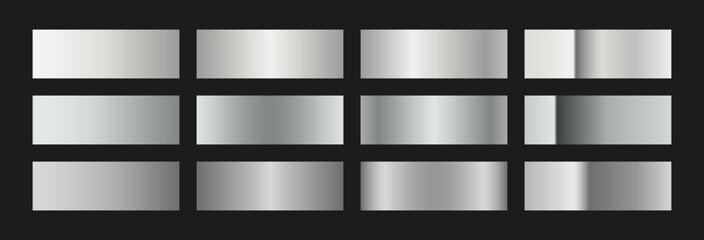 Cool silver and grey chrome gradient swatches collection. Metallic textures with polished foil shine and satin smooth. Luxury palette for modern and high-techl designs and branding