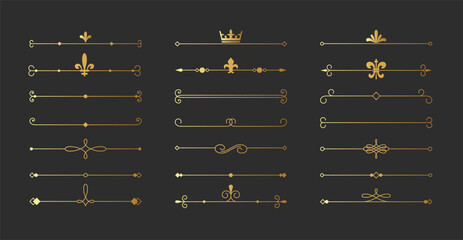Elegant gold fine line dividers with vintage ornaments. Set of classic and minimalist flourishes. Vector border designs for premium labels, packaging and wedding invites.