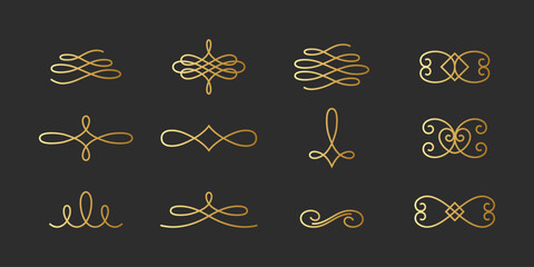 Elegant vintage flourishes and swirls in shiny gold gradient. Vector set of decorative calligraphic elements. Classic ornaments for wedding and luxury design.