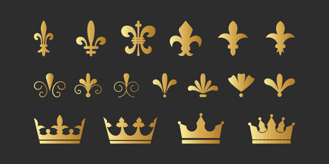 Vector set of elegant gold fleur-de-lis and crown symbols. Decorative elements for vintage, royal and heraldic designs. Classic ornaments for premium branding.