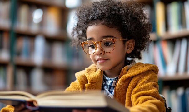 Happy young disabled mixed-race school student in a wheelchair reading a library book. African American child with disability engaged in learning in an inclusive and diverse classroom, Generative AI