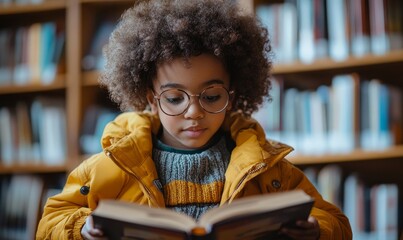 Happy young disabled mixed-race school student in a wheelchair reading a library book. African American child with disability engaged in learning in an inclusive and diverse classroom, Generative AI