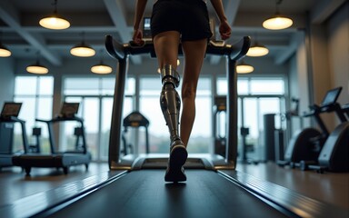 Low angle view at woman with prosthetic leg walking in treadmill at fitness gym. High quality