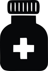 Simple black and white icon of a medicine bottle with a white cross symbol indicating healthcare or medical treatment