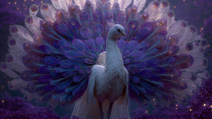 Mystical peacock with luminous mosaic tail in fairytale jungle