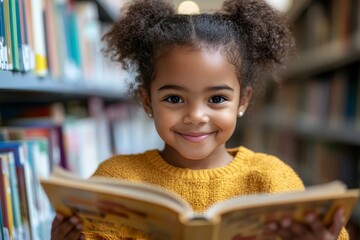 Happy young disabled mixed-race school student in a wheelchair reading a library book. African American child with disability learning in an inclusive and diverse educational setting, Generative AI