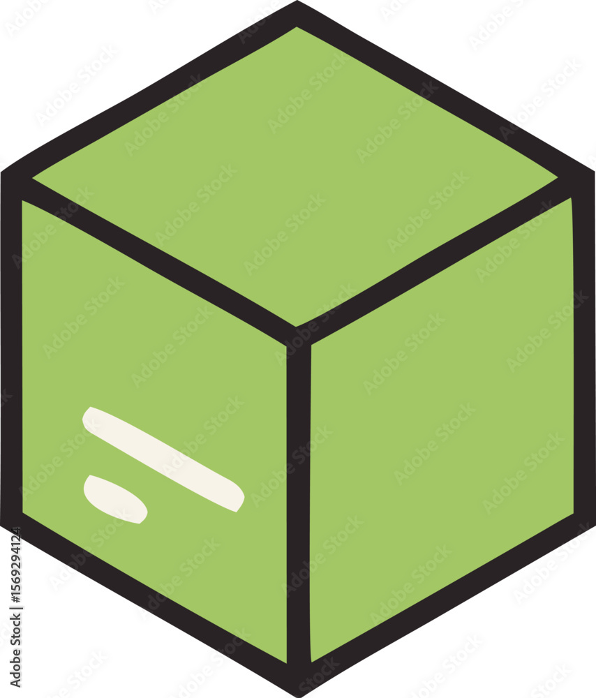 Fototapete A simple stylized isometric cube with a light green textured surface and bold black outlines featuring two white abstract shapes