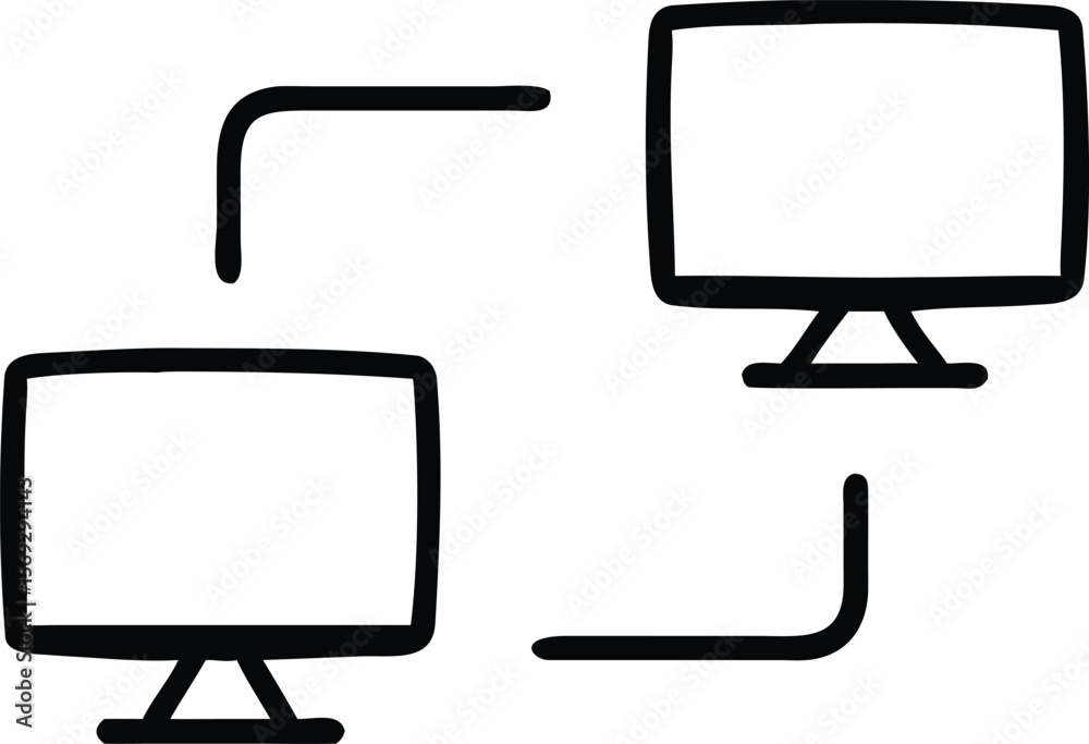 Poster Two computer monitors connected by lines representing data transfer or network connection