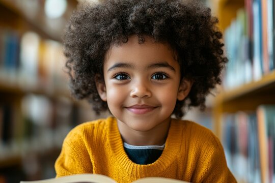 Happy young disabled mixed-race school student in a wheelchair reading a library book. African American child with disability learning in an inclusive and diverse educational setting, Generative AI