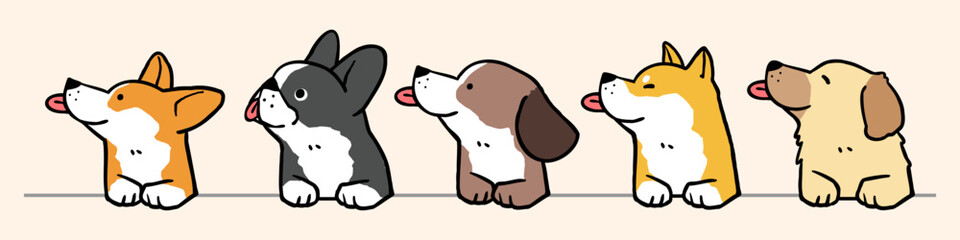 Vector Illustration of Cute Cartoon Dog Characters on Isolated Background. Hand Drawn Vector Illustration.